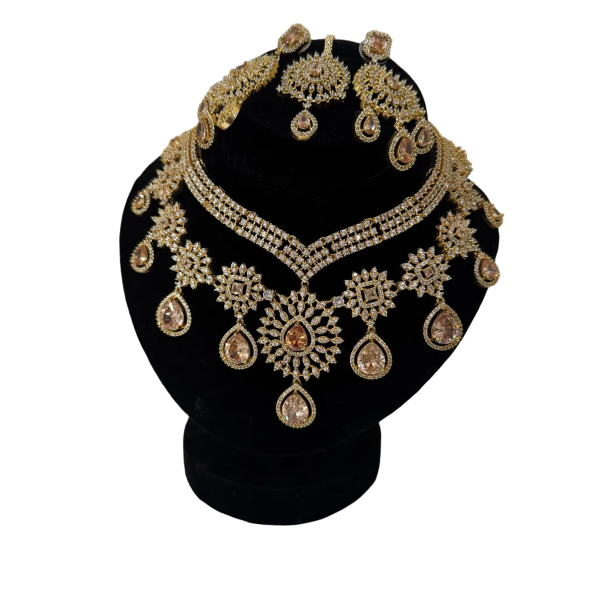 Gold-Plated American Diamond & Peach Stone Wedding Choker Set