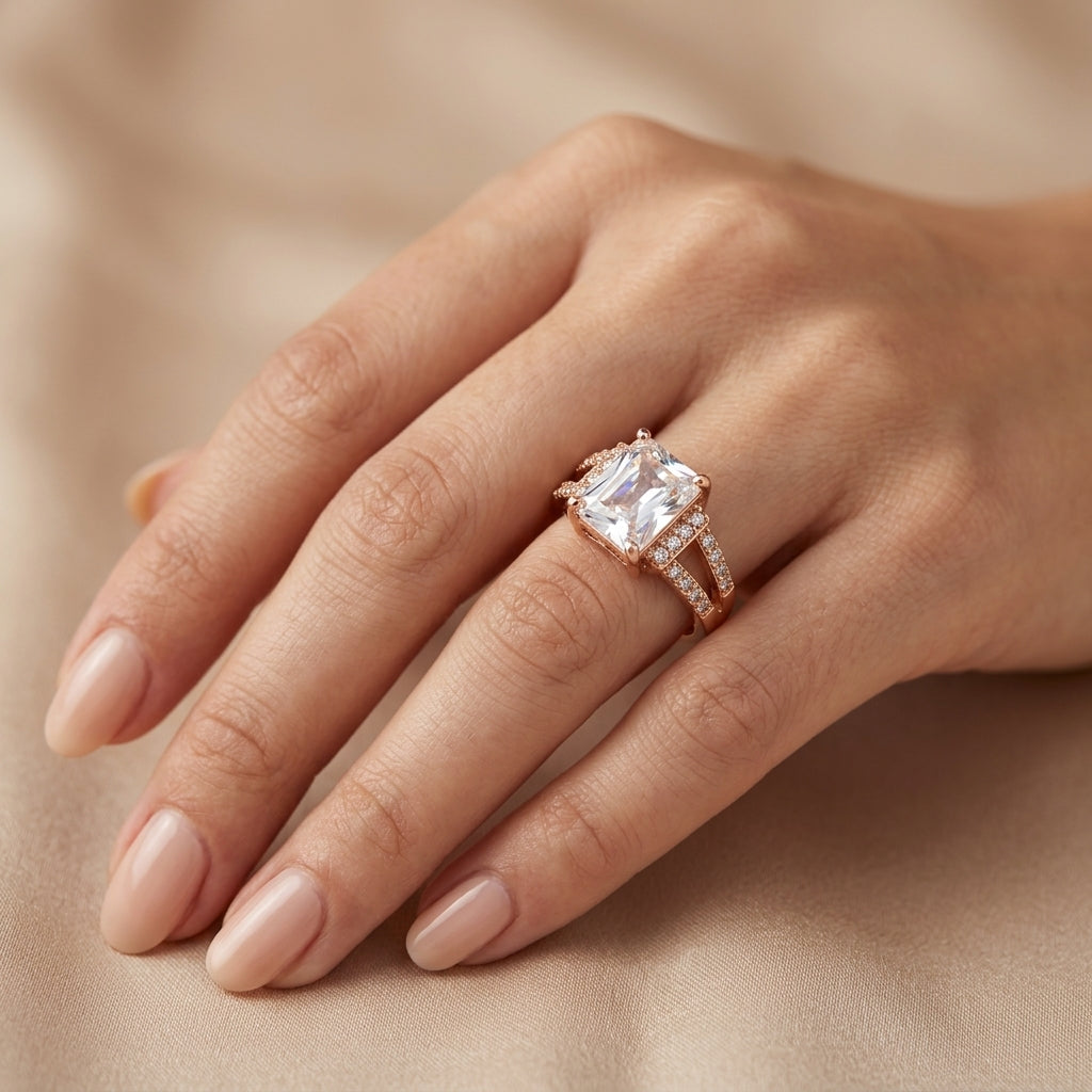 A close-up of a hand wearing a rose gold ring with a large cushion-cut clear gemstone and small accent stones on the band, set against a soft beige fabric background.