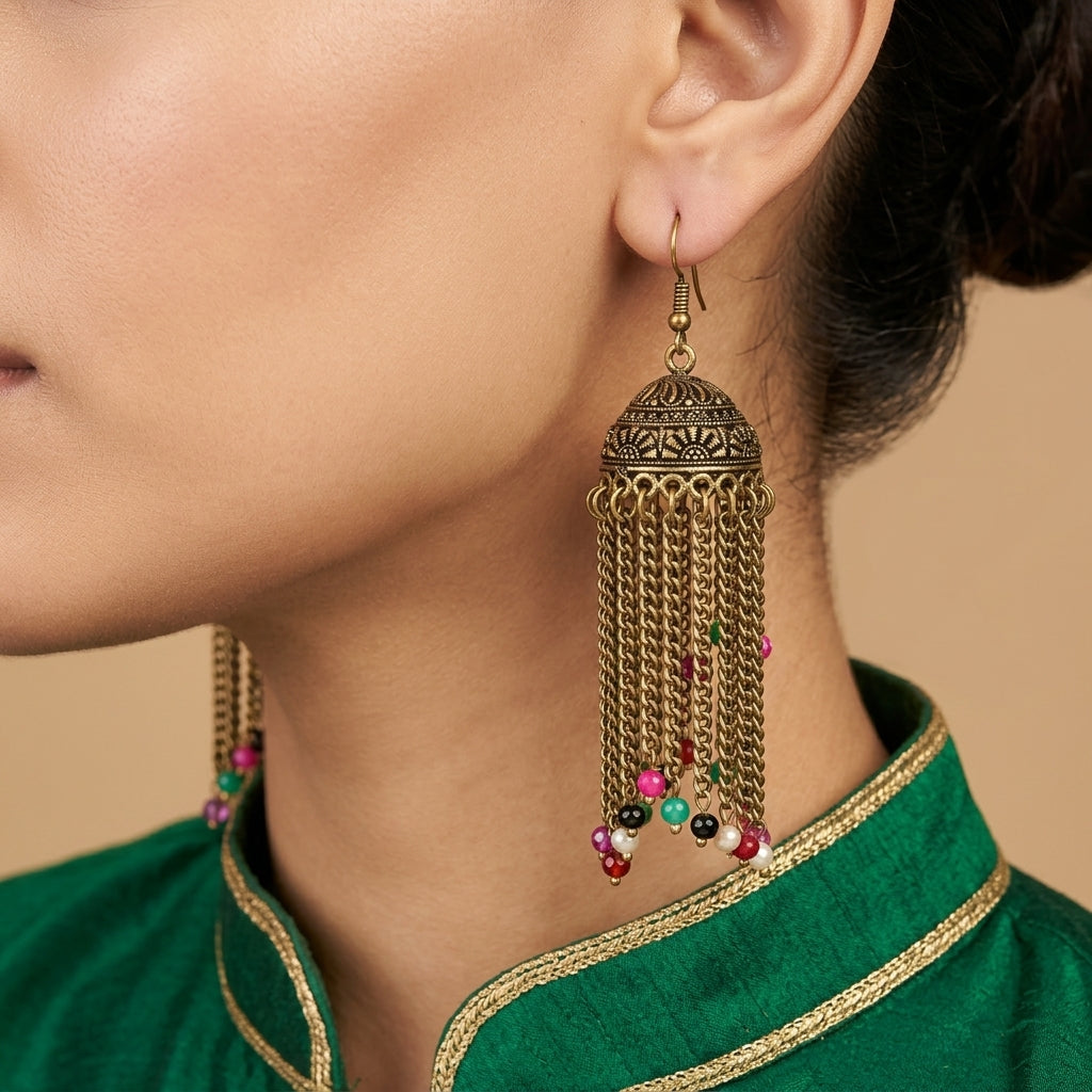 Multicolour Beaded Jhumka Tassel Earrings
