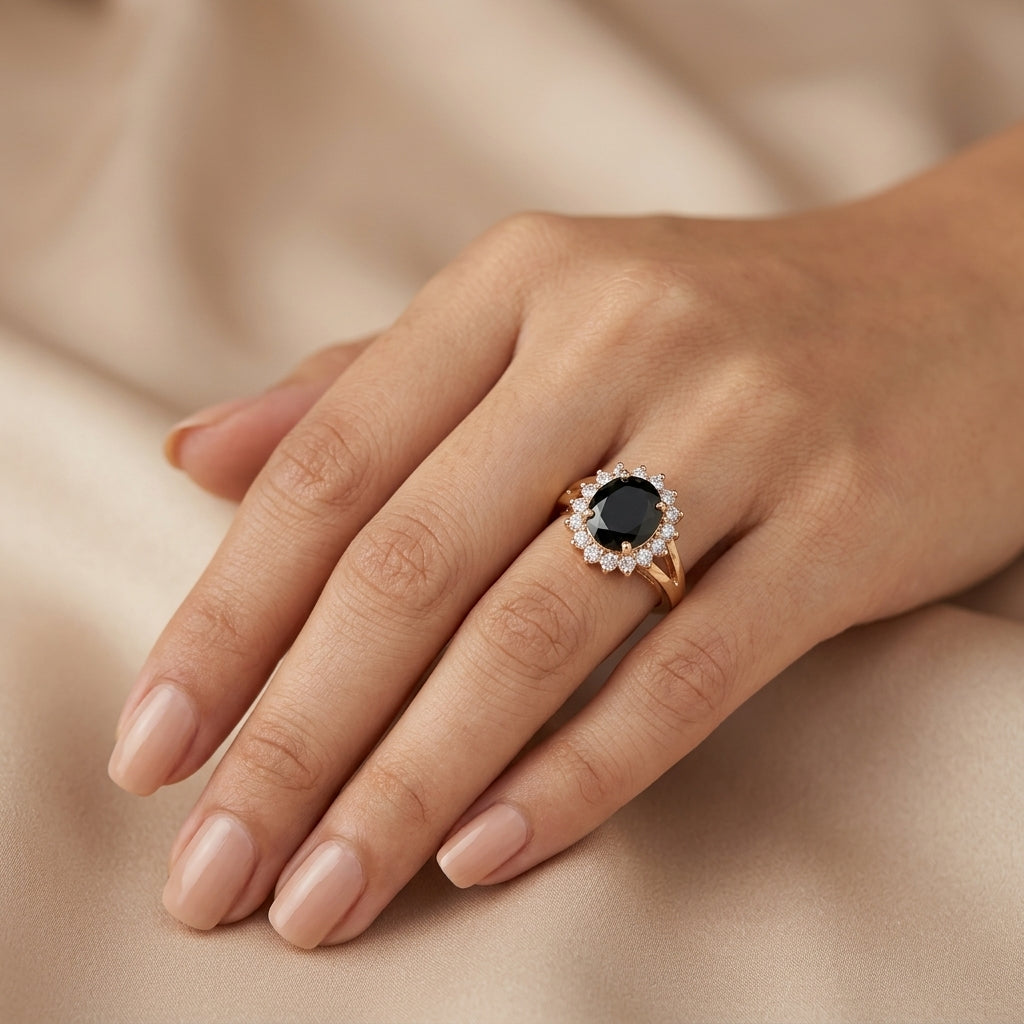 Gold-Tone Black Stone Halo Ring