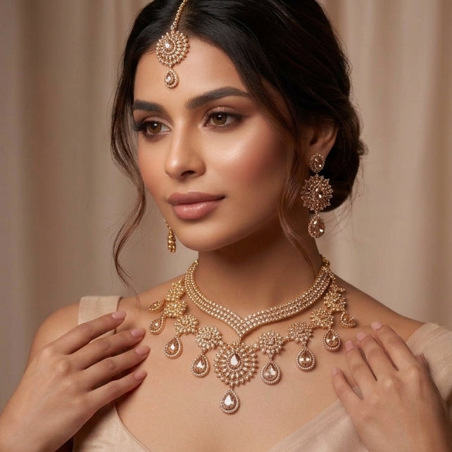 Gold-Plated American Diamond & Peach Stone Wedding Choker Set