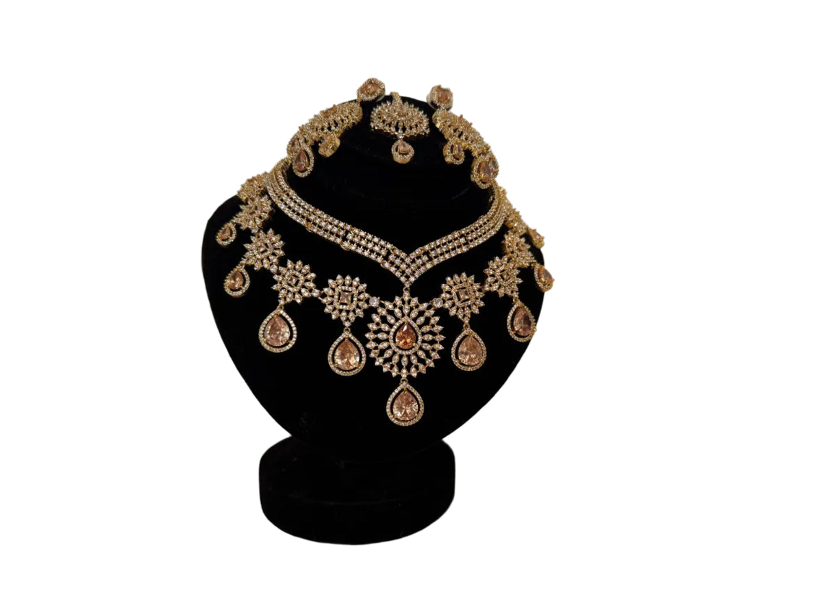 Gold-Plated American Diamond & Peach Stone Wedding Choker Set