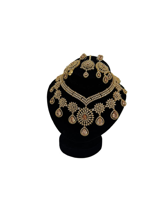 Gold-Plated American Diamond & Peach Stone Wedding Choker Set